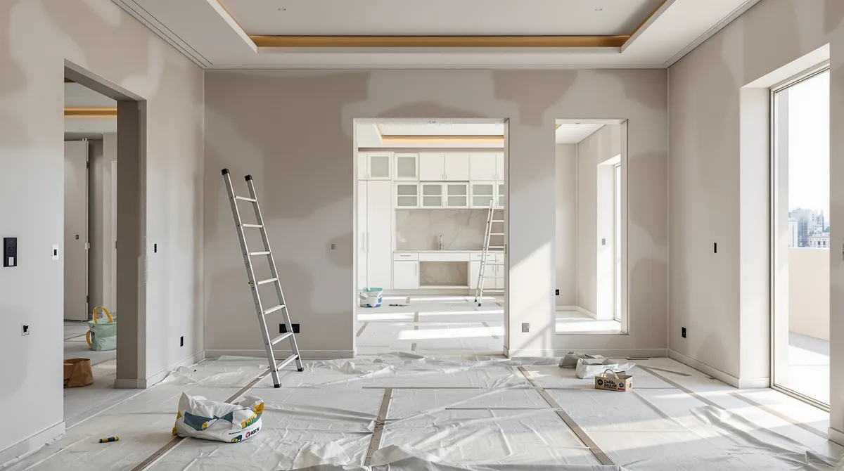 Clean organised villa renovation site in Dubai with protected floors and new partitions