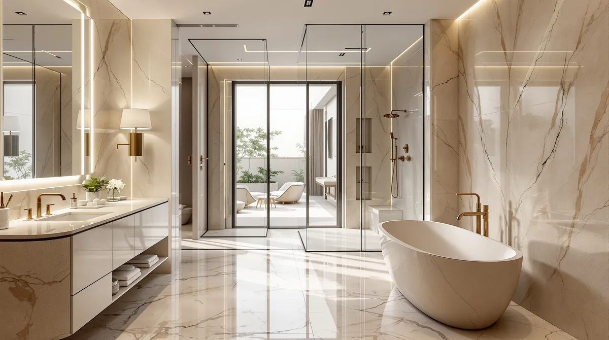 Master bathroom in beige marble after renovation in a Dubai villa