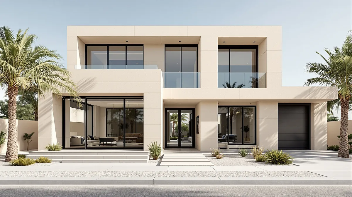 Villa exterior in Dubai with new travertine cladding after renovation