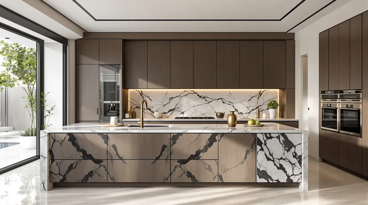 Renovated open-plan kitchen with marble island in a Dubai villa