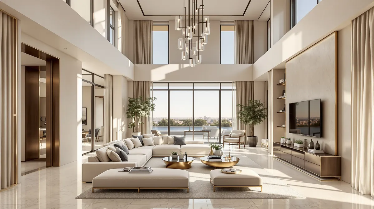 Double-height living room of a Dubai villa after full turnkey renovation
