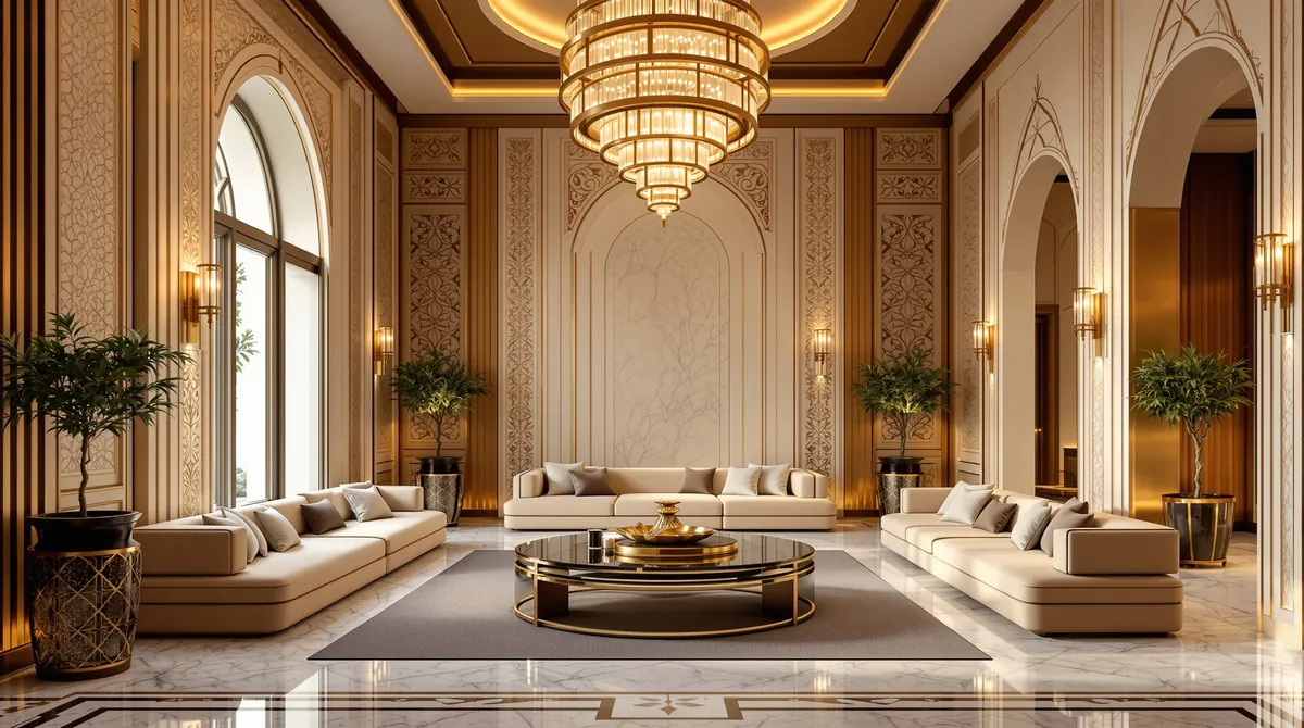 Modern Arabic majlis with champagne seating and brass chandelier in a Dubai villa