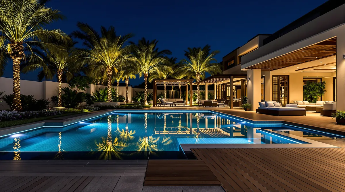 Villa backyard in Dubai at night with illuminated pool and landscaping after renovation