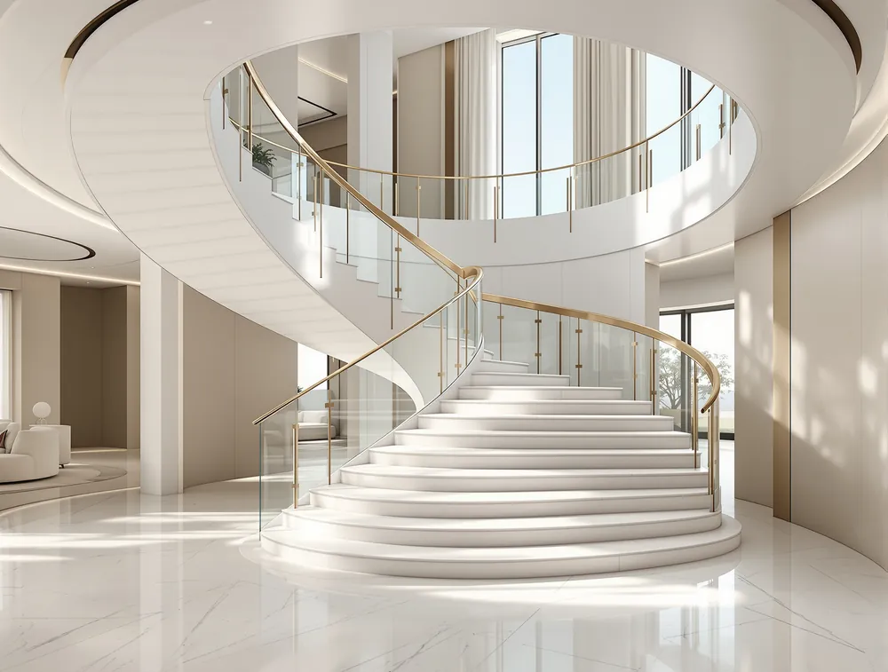 Curved staircase with bronze balustrade in a renovated Dubai villa